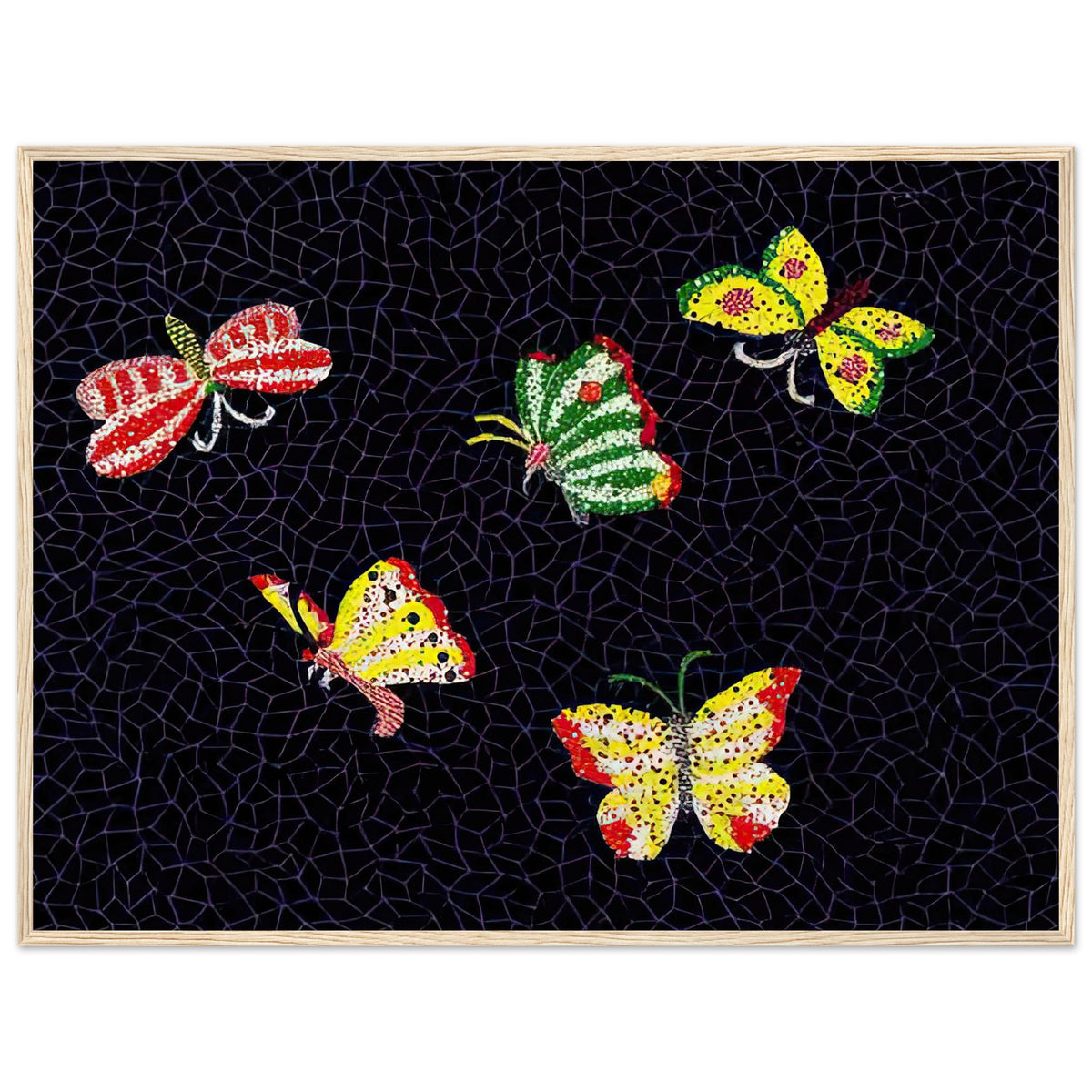 Yayoi Kusama framed print — Butterfly [Kusama 82] by Yayoi Kusama takes the lightness of a butterfly and gives it graphic intensity through pattern, wood frame, 60x80 cm / 24x32″