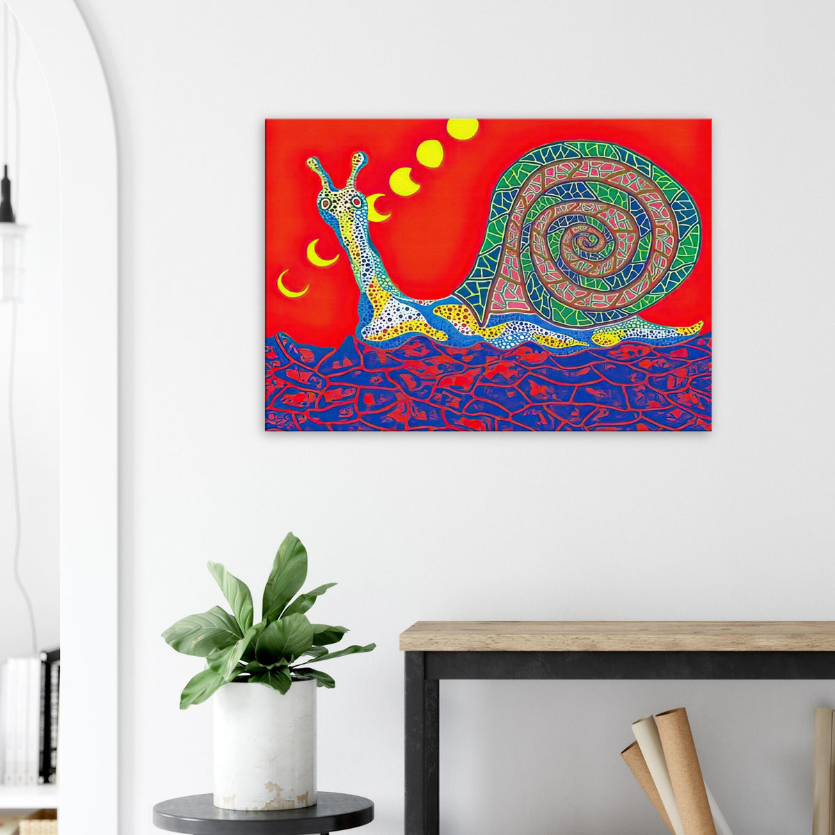 Yayoi Kusama canvas print — Snail takes a slow-moving creature and makes its spiral shell and delicate movement the center of attention
