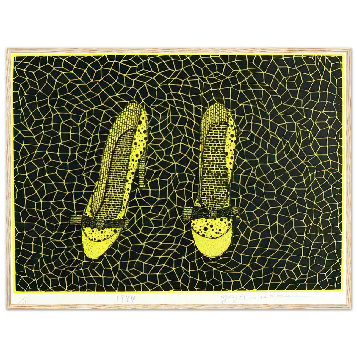 Yayoi Kusama framed print — Shoes (3) turns a footwear object into an image about shape, balance and individuality, wood frame, 60x80 cm / 24x32″