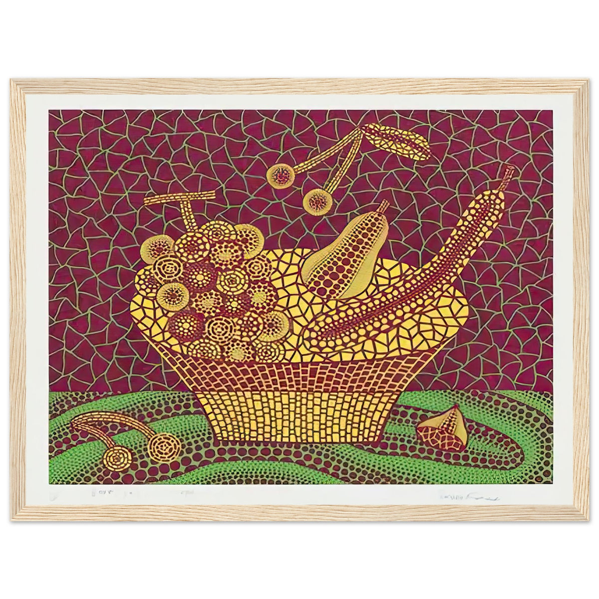 Yayoi Kusama framed print — Fruit Basket (3) by Yayoi Kusama explores one of the artist’s recurring subjects: the abundance of ordinary fruit, wood frame, 30x40 cm / 12x16″
