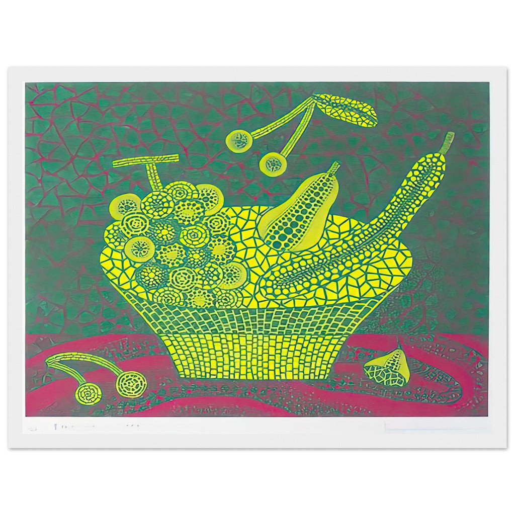 Yayoi Kusama framed print — Fruit Basket (4) by Yayoi Kusama explores one of the artist’s recurring subjects: the abundance of ordinary fruit, white frame, 30x40 cm / 12x16″