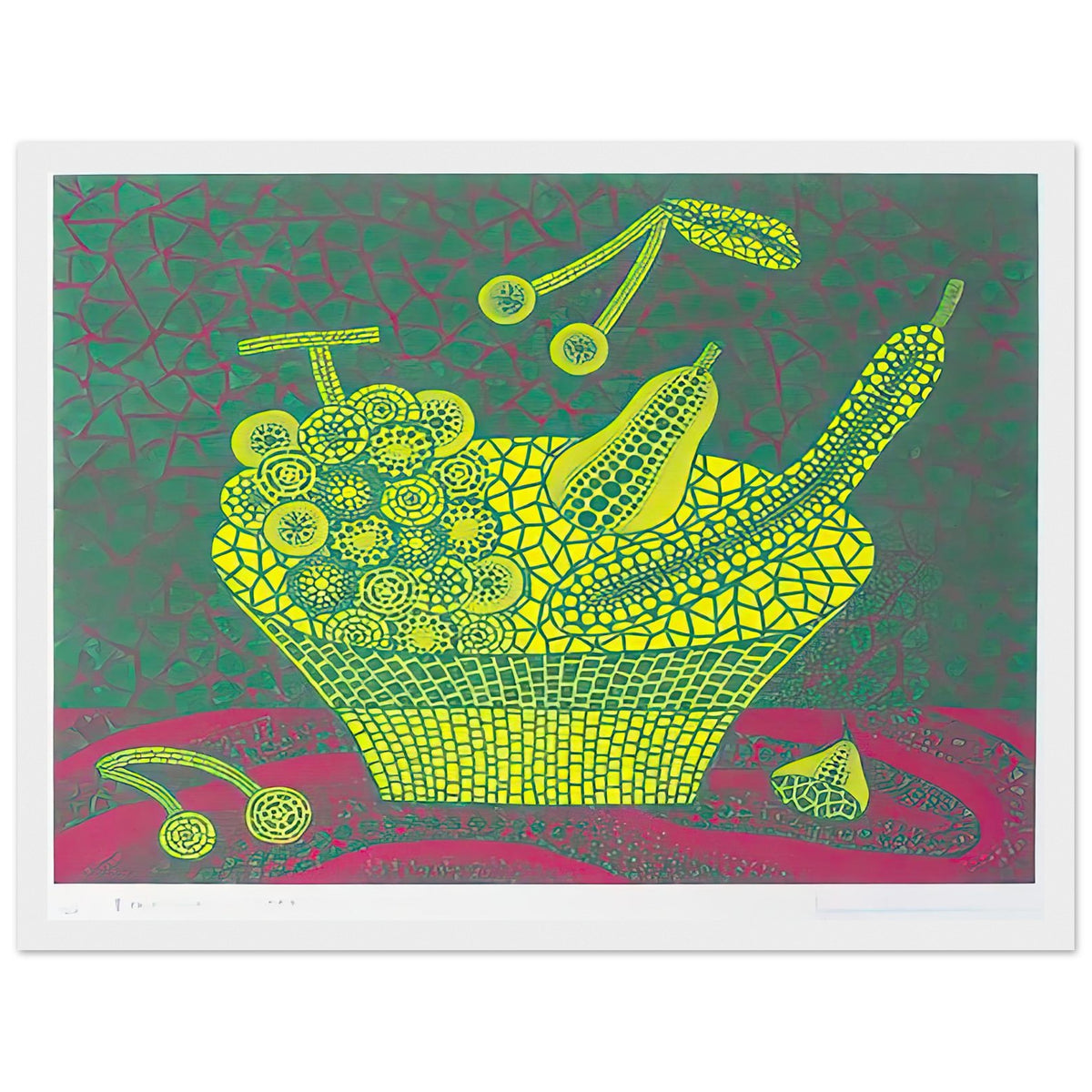 Yayoi Kusama framed print — Fruit Basket (4) by Yayoi Kusama explores one of the artist’s recurring subjects: the abundance of ordinary fruit, white frame, 30x40 cm / 12x16″