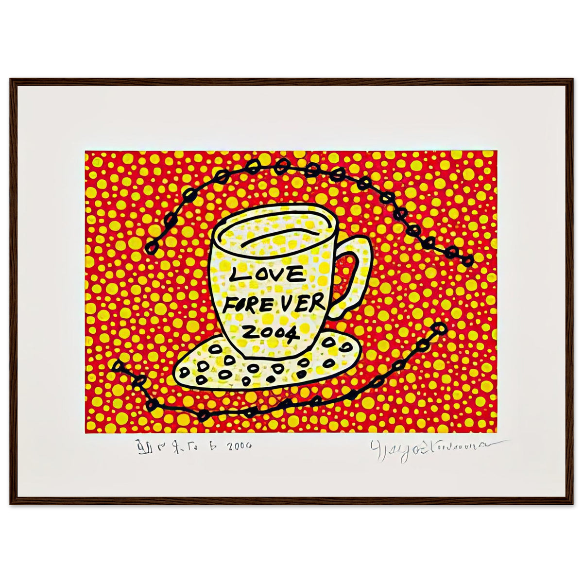 Yayoi Kusama framed print — Morning Is Here (E) joins a series of compact 2004 prints in which the beginning of the day becomes a subject for personal symbols and tightly controlled graphic, dark wood frame, 60x80 cm / 24x32″