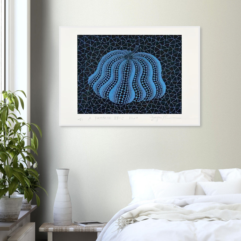 Yayoi Kusama framed print — Pumpkin (BB-C) [Kusama 330] revisits Kusama’s best-known vegetable through the relationship between its distinctive form and repeating ornament