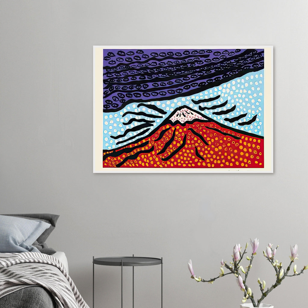 Yayoi Kusama framed print — Mt. Fuji Is the Home of My Heart presents Japan’s most recognizable mountain as a subject of personal belonging rather than simple