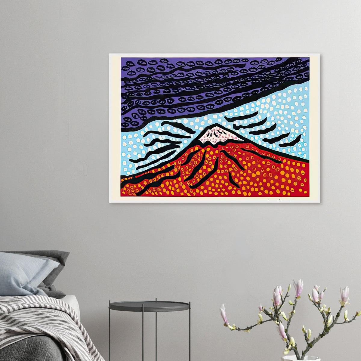 Yayoi Kusama framed print — Mt. Fuji Is the Home of My Heart presents Japan’s most recognizable mountain as a subject of personal belonging rather than simple