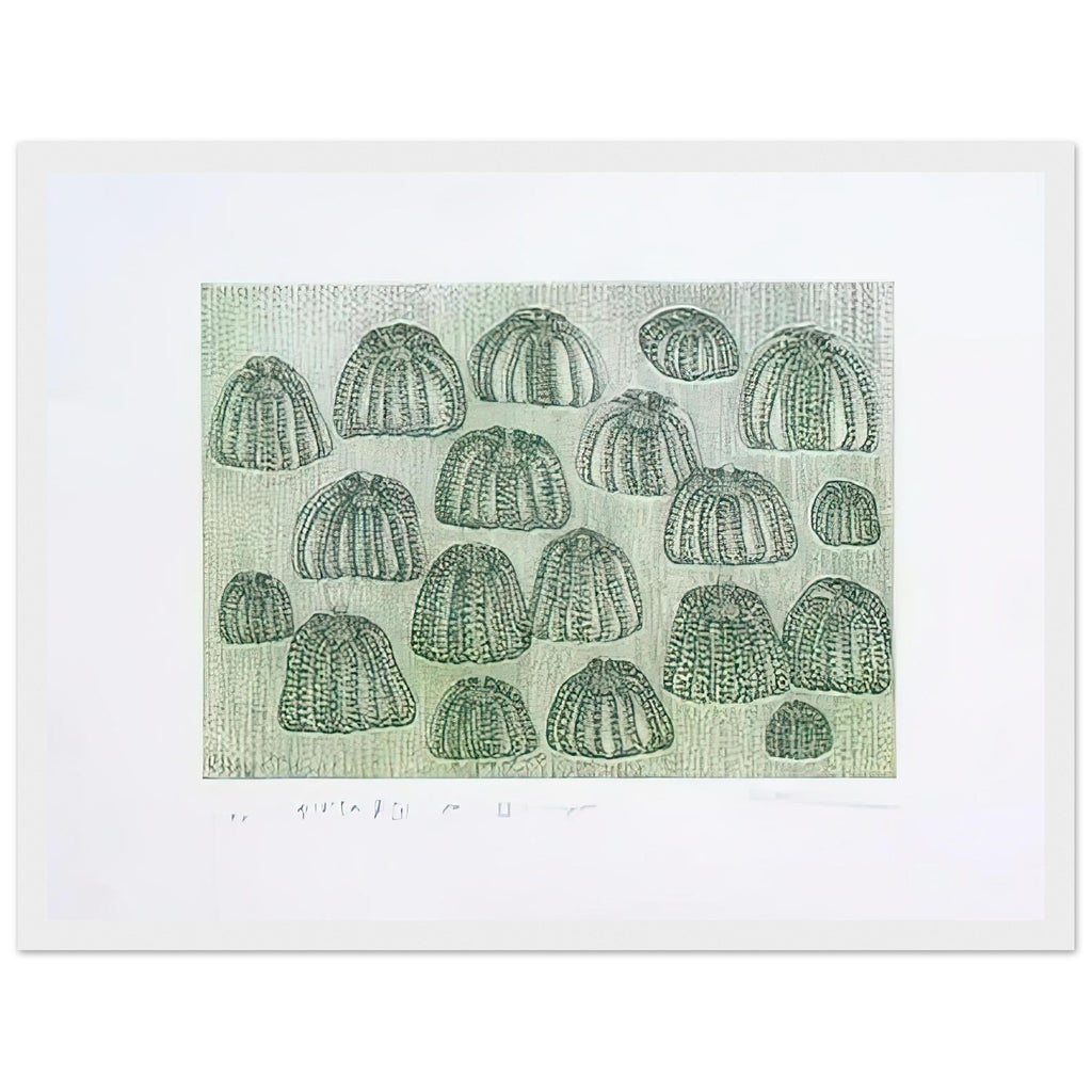 Yayoi Kusama framed print — Pumpkin Army (green) turns a single familiar vegetable into a collective presence, white frame, 30x40 cm / 12x16″