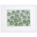 Yayoi Kusama framed print — Pumpkin Army (green) turns a single familiar vegetable into a collective presence, white frame, 30x40 cm / 12x16″