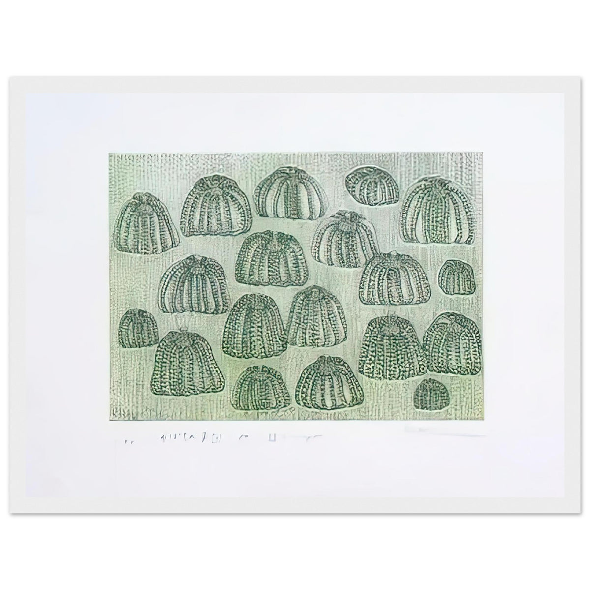 Yayoi Kusama framed print — Pumpkin Army (green) turns a single familiar vegetable into a collective presence, white frame, 30x40 cm / 12x16″