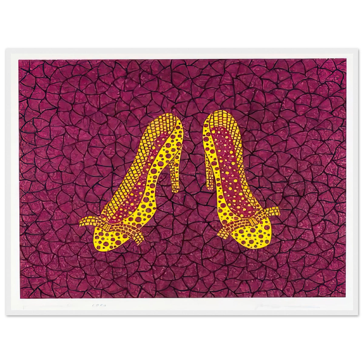 Yayoi Kusama framed print — High Heels (2) makes a fashion accessory the protagonist of a Kusama print, white frame, 60x80 cm / 24x32″