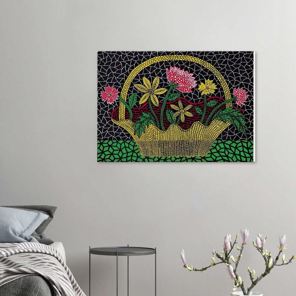 Yayoi Kusama canvas print — Flower Basket brings a traditional still-life arrangement into Kusama’s unmistakably decorative, pattern-driven world
