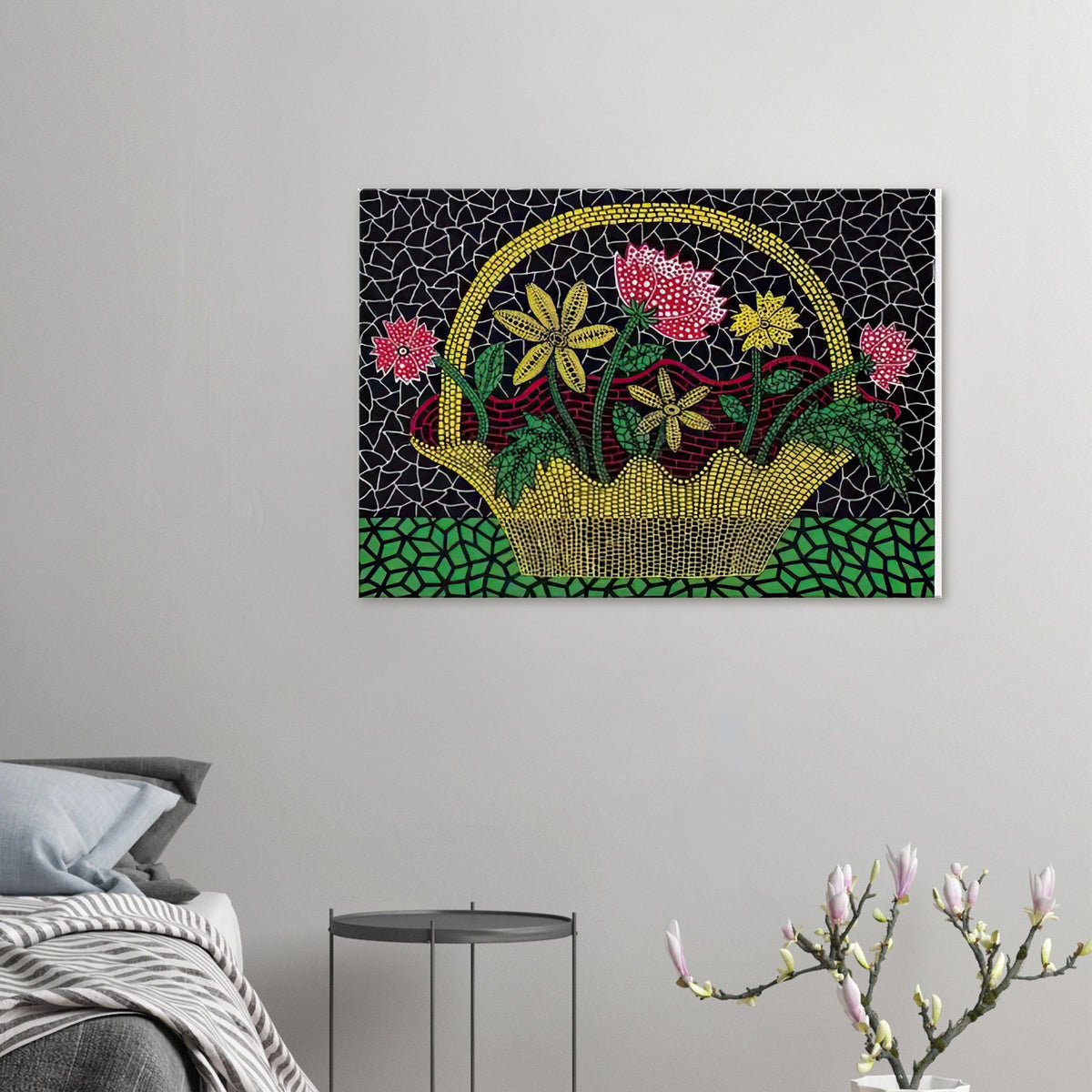 Yayoi Kusama canvas print — Flower Basket brings a traditional still-life arrangement into Kusama’s unmistakably decorative, pattern-driven world