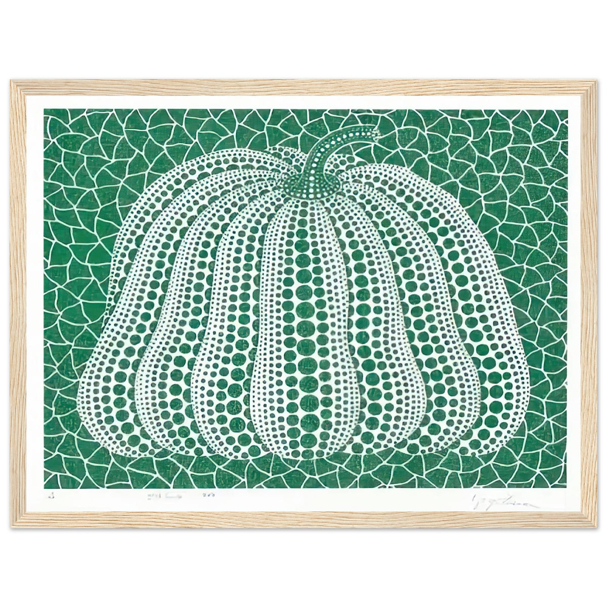 Yayoi Kusama framed print — Pumpkin Green presents Kusama’s familiar pumpkin through an explicitly green variation, wood frame, 30x40 cm / 12x16″
