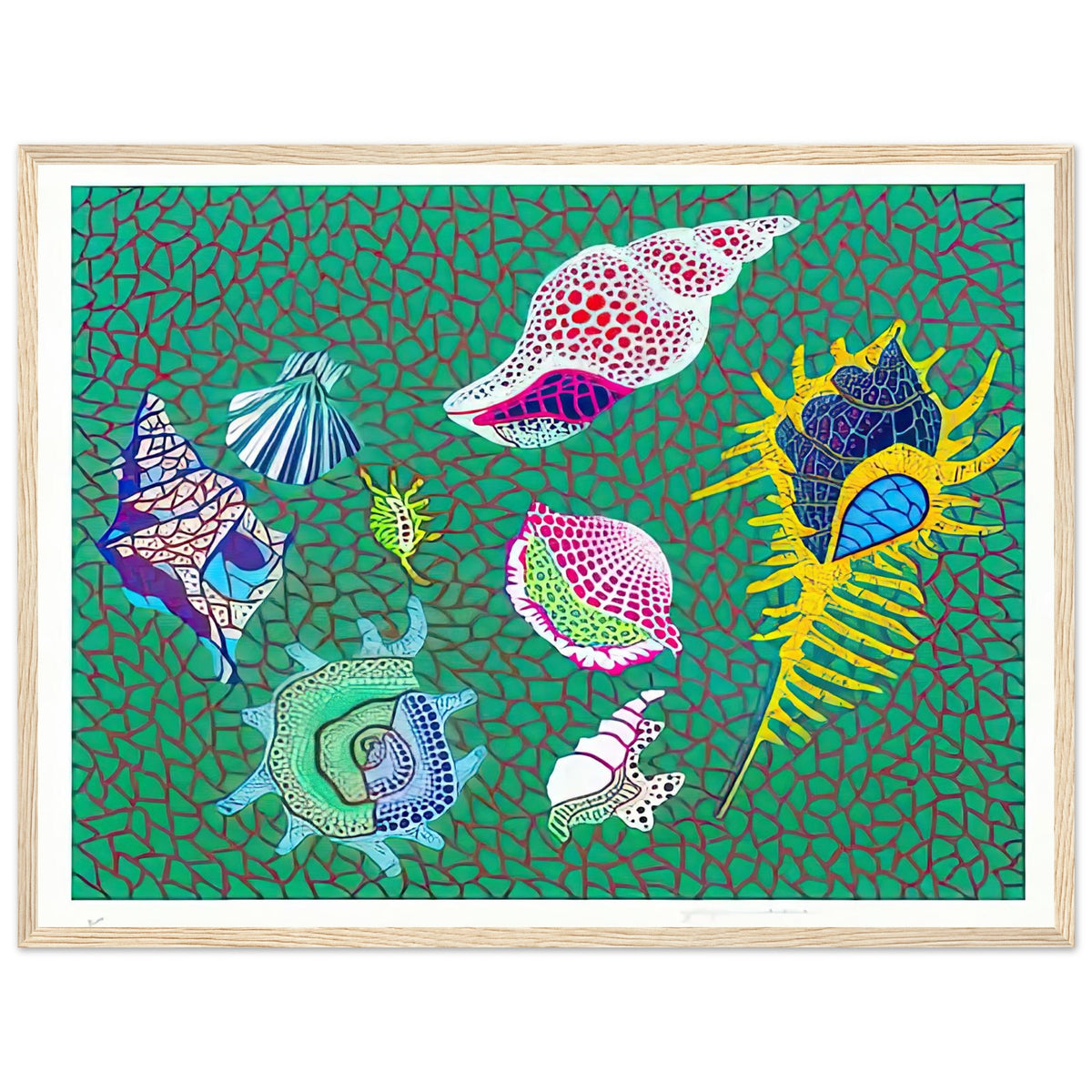 Yayoi Kusama framed print — Shells draws attention to small natural objects whose curved structures and repeating ridges are already pattern-like, wood frame, 45x60 cm / 18x24″