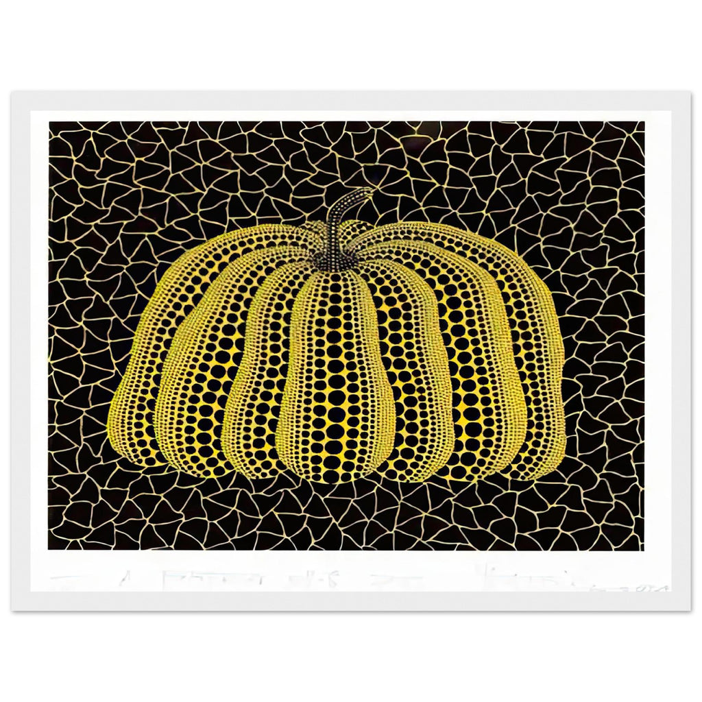 Yayoi Kusama framed print — Pumpkin (YB-B) [Kusama 327] revisits Kusama’s best-known vegetable through the relationship between its distinctive form and repeating ornament, white frame, 30x40 cm / 12x16″