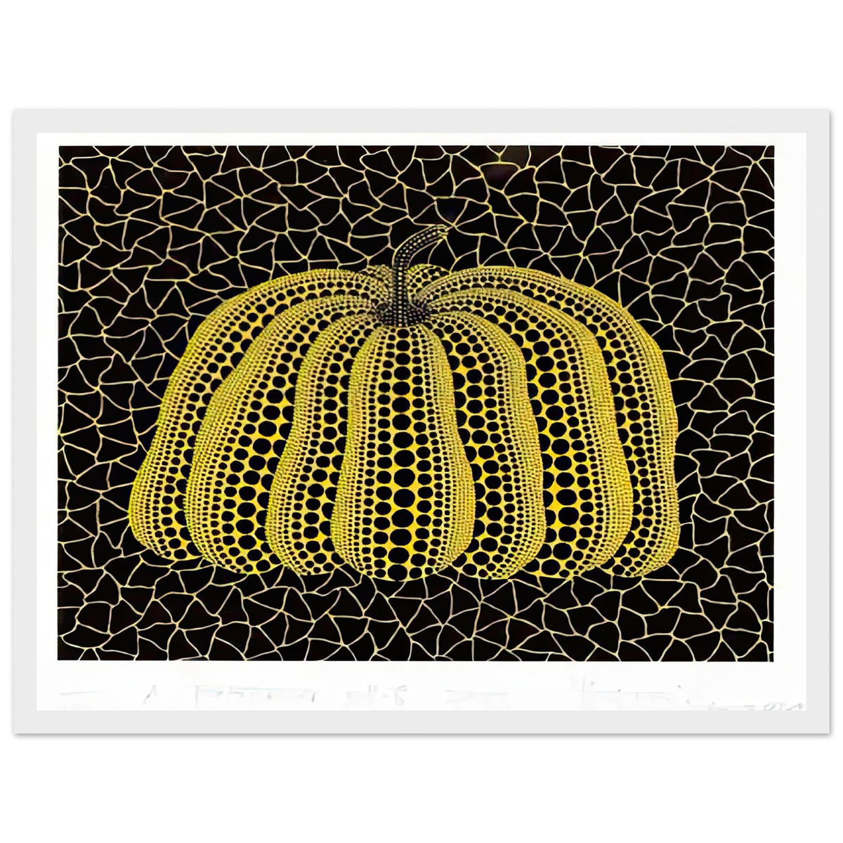 Yayoi Kusama framed print — Pumpkin (YB-B) [Kusama 327] revisits Kusama’s best-known vegetable through the relationship between its distinctive form and repeating ornament, white frame, 30x40 cm / 12x16″