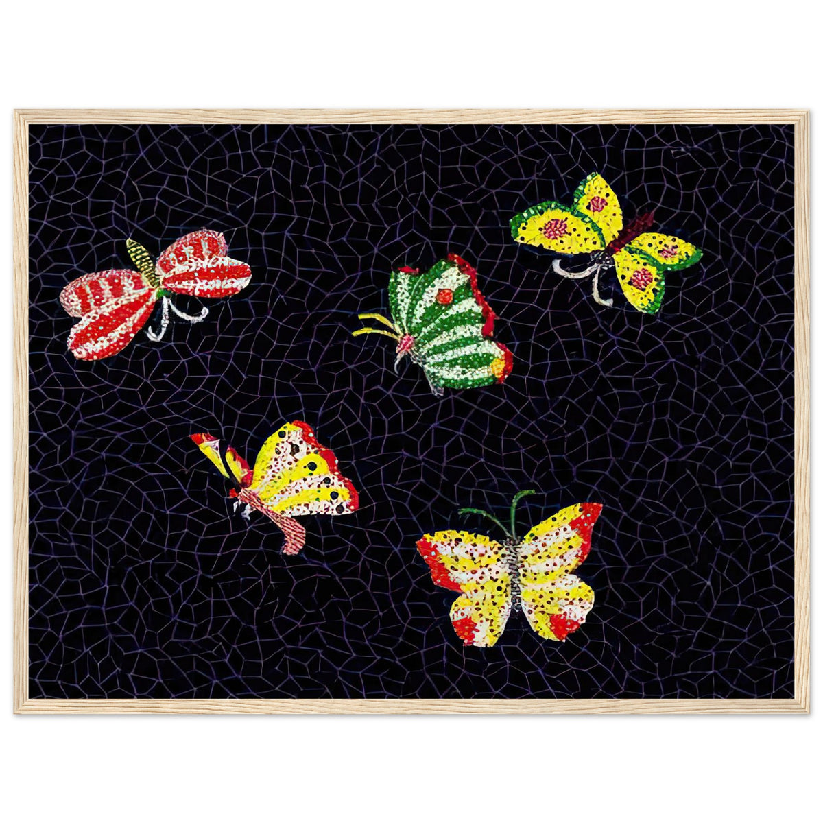 Yayoi Kusama framed print — Butterfly [Kusama 82] by Yayoi Kusama takes the lightness of a butterfly and gives it graphic intensity through pattern, wood frame, 45x60 cm / 18x24″