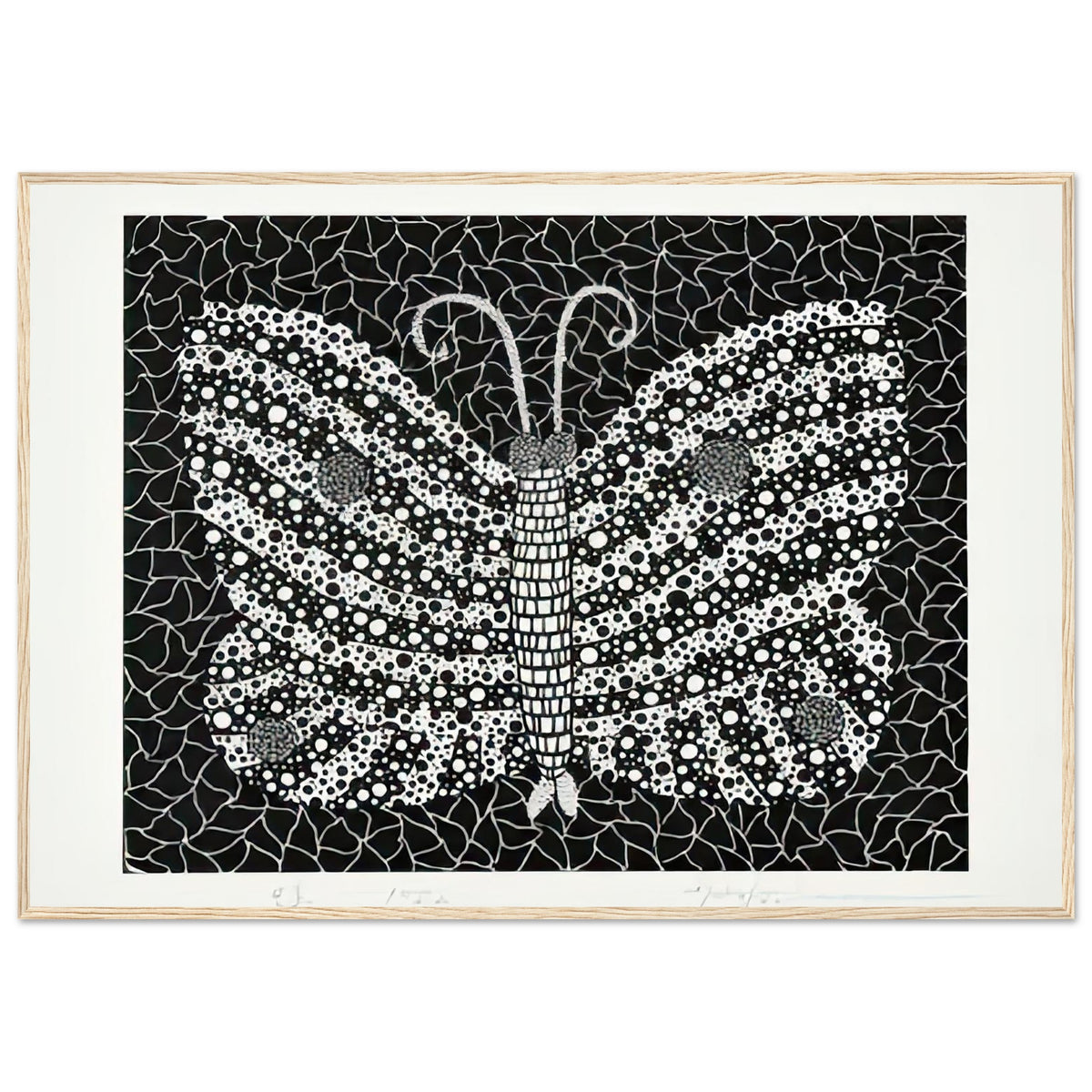 Yayoi Kusama framed print — Butterfly [Kusama 18] by Yayoi Kusama takes the lightness of a butterfly and gives it graphic intensity through pattern, wood frame, 70x100 cm / 28x40″