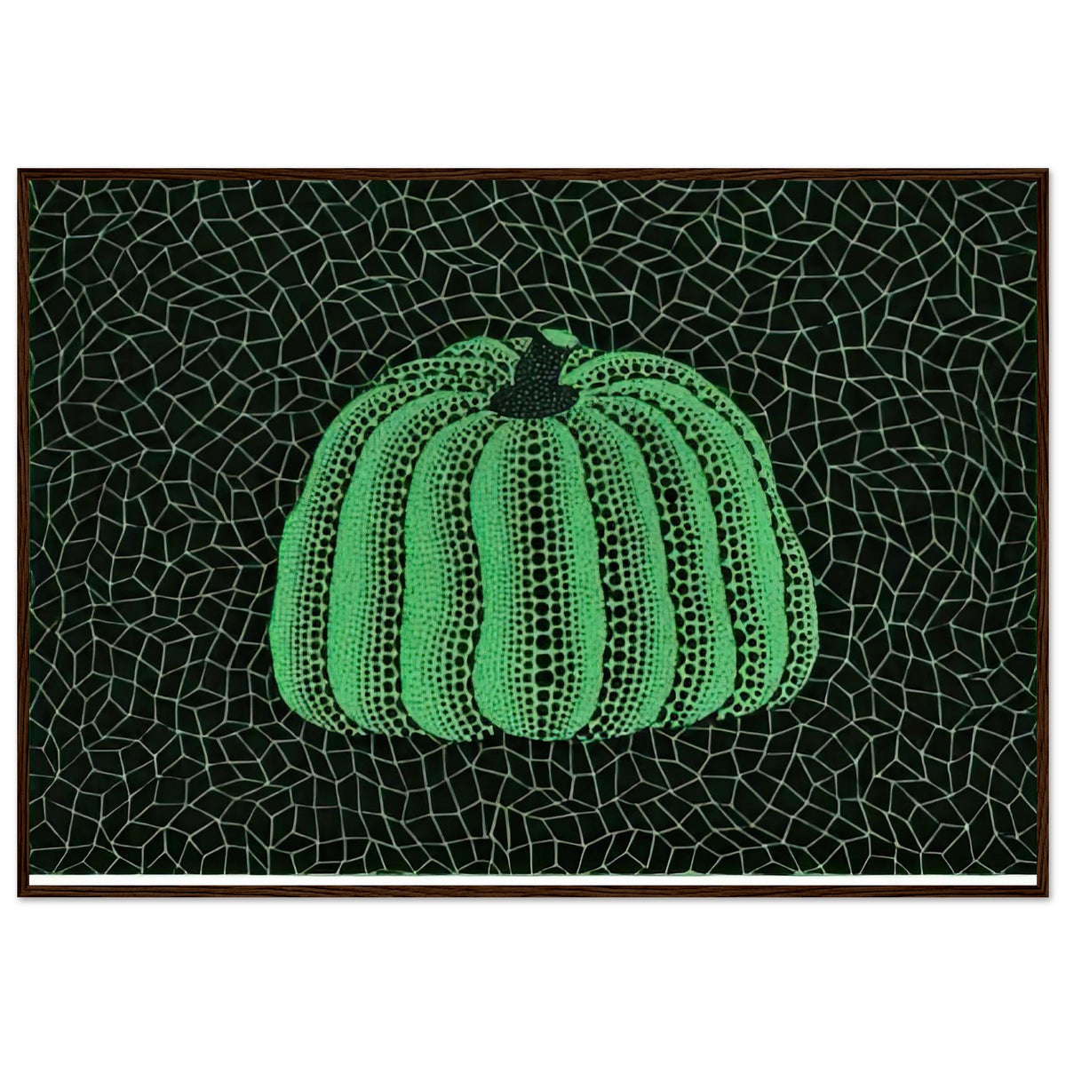 Yayoi Kusama framed print — Pumpkin (Green, Version 2) presents Kusama’s familiar pumpkin through an explicitly green variation, dark wood frame, 70x100 cm / 28x40″