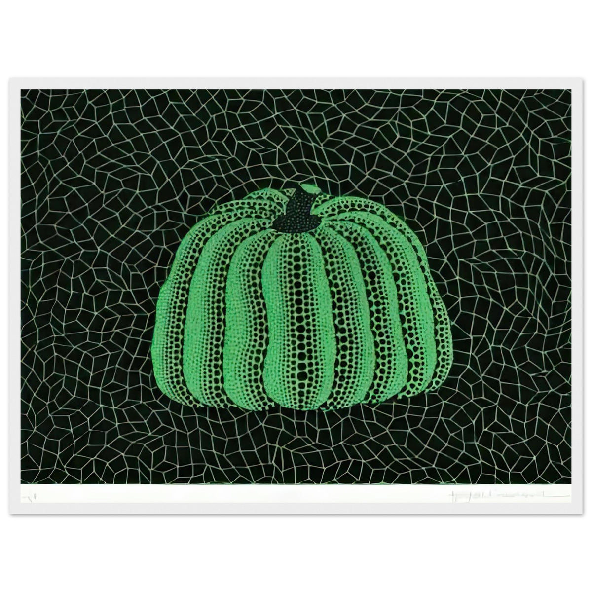 Yayoi Kusama framed print — Pumpkin (Green, Version 2) presents Kusama’s familiar pumpkin through an explicitly green variation, white frame, 45x60 cm / 18x24″