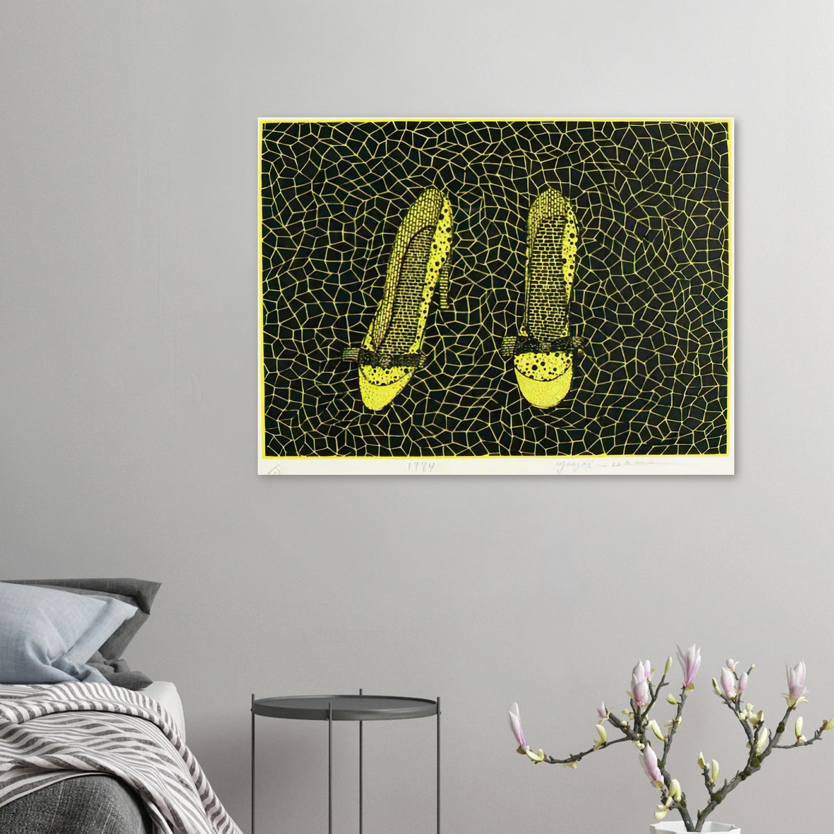 Yayoi Kusama poster — Shoes (3) turns a footwear object into an image about shape, balance and individuality