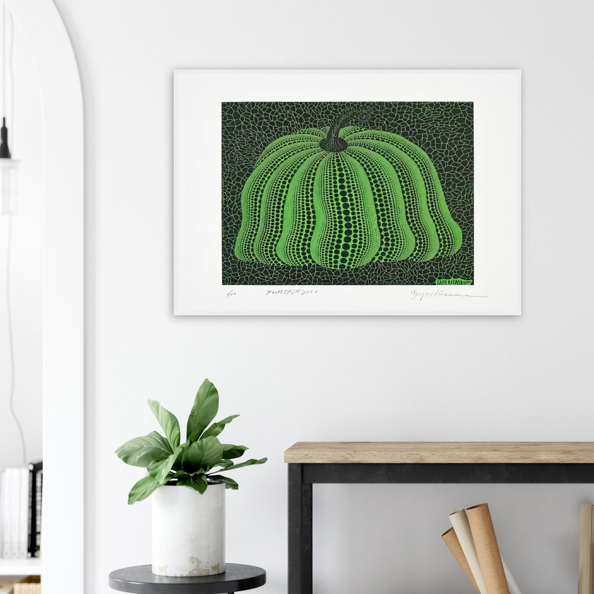 Yayoi Kusama framed print — Pumpkin 2000 (Green) uses a green treatment to reinterpret one of Kusama’s most affectionate subjects