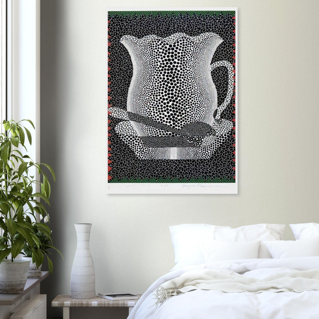 Yayoi Kusama framed print — In this monochrome Coffee Cup version, a humble drinking vessel becomes an arresting graphic subject