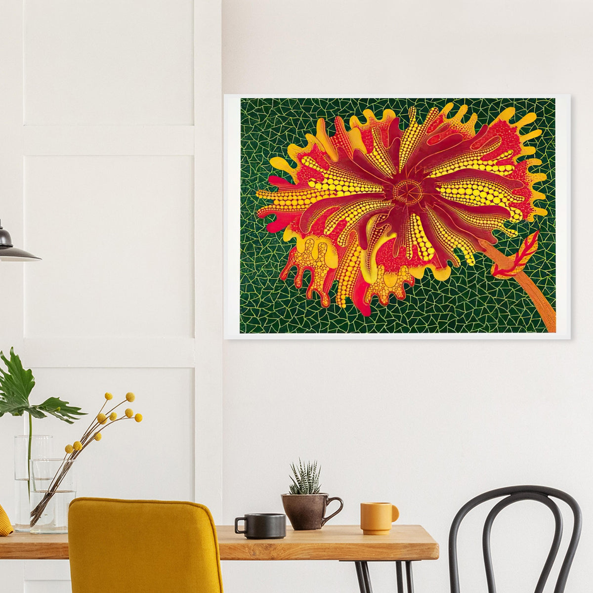 Yayoi Kusama framed print — Flower (A) treats a single flowering motif as a complete visual world