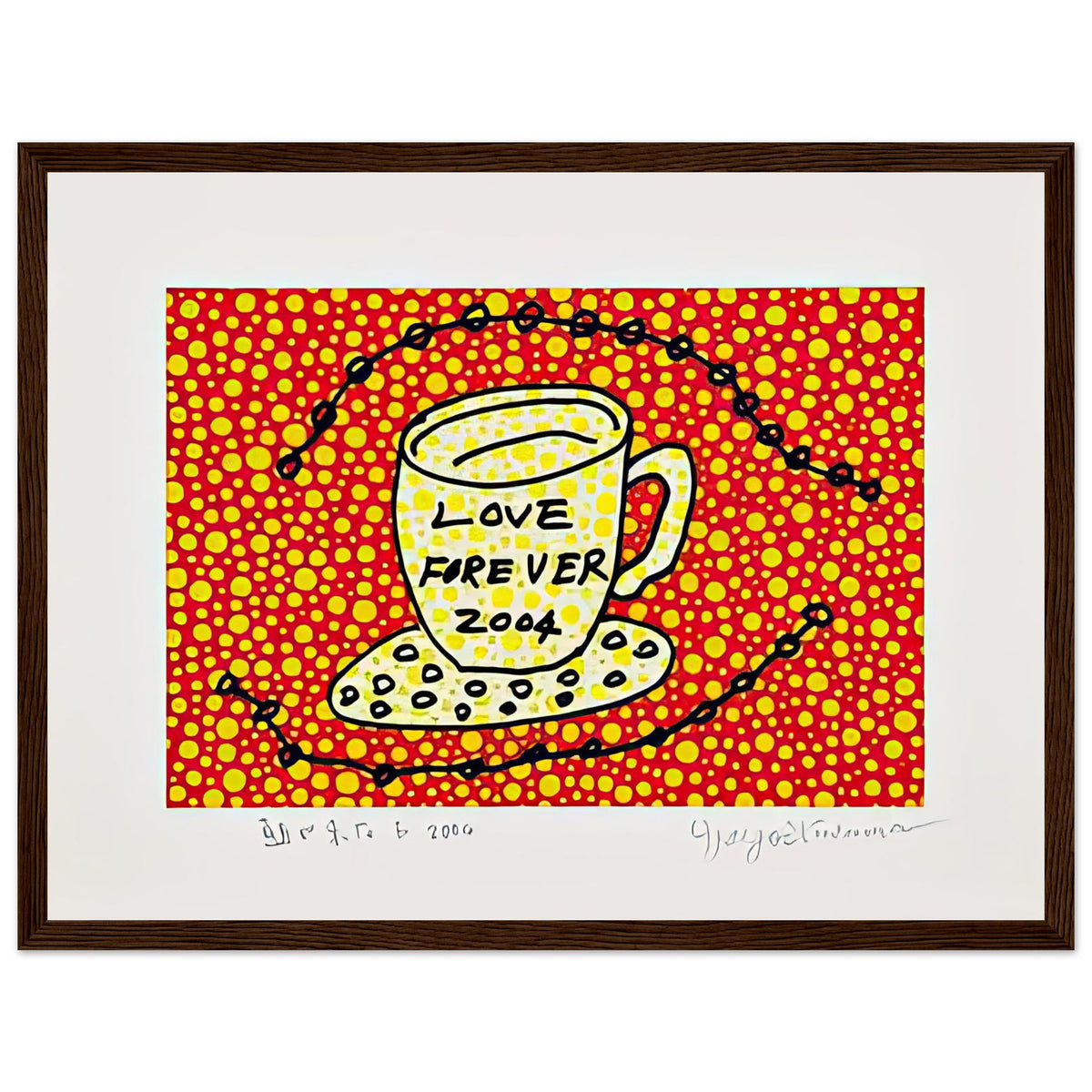 Yayoi Kusama framed print — Morning Is Here (E) joins a series of compact 2004 prints in which the beginning of the day becomes a subject for personal symbols and tightly controlled graphic, dark wood frame, 30x40 cm / 12x16″