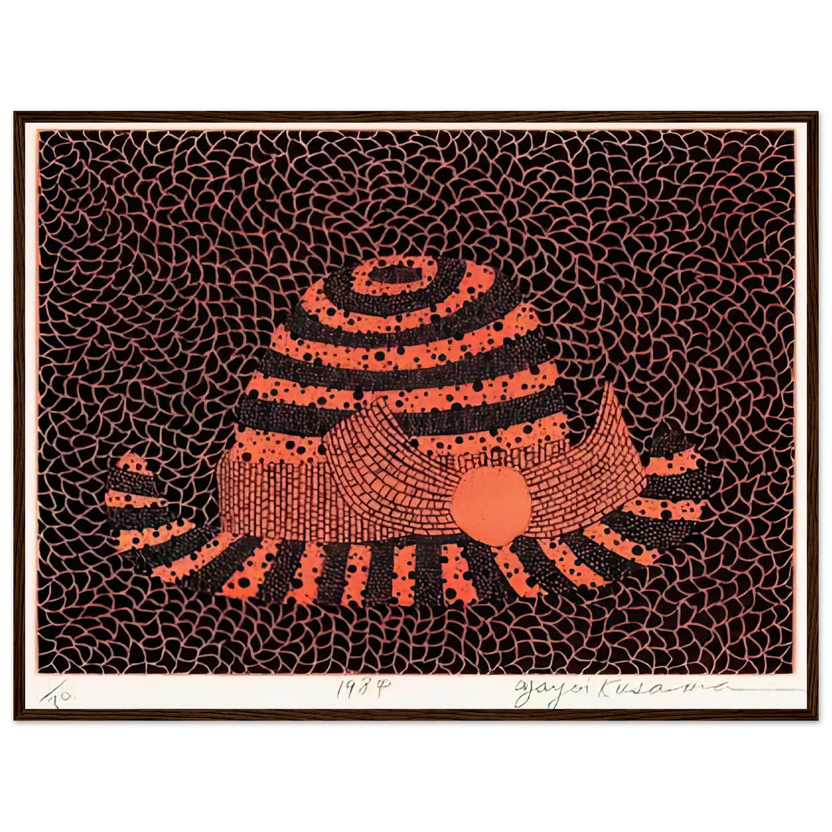 Yayoi Kusama framed print — Hat (2) turns an everyday hat into a subject for playful observation, dark wood frame, 60x80 cm / 24x32″