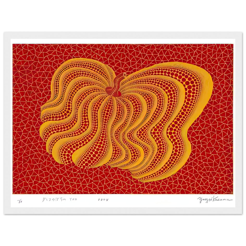 Yayoi Kusama framed print — Dancing Pumpkin (YOR) [Kusama 321] presents the gourd as a figure in motion, white frame, 30x40 cm / 12x16″