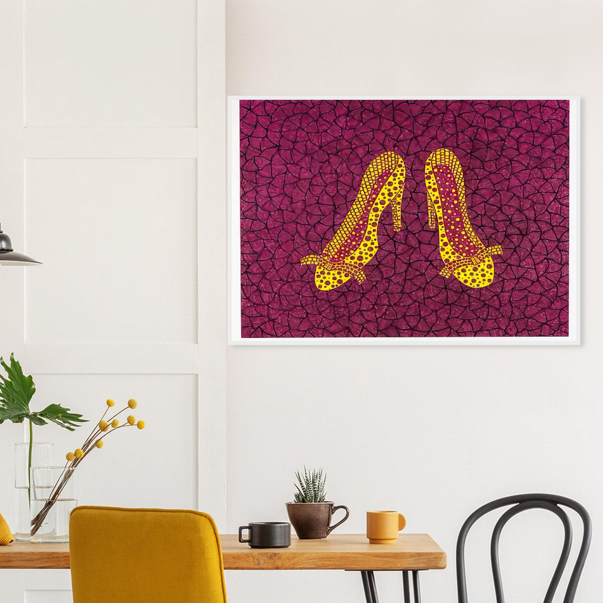 Yayoi Kusama framed print — High Heels (2) makes a fashion accessory the protagonist of a Kusama print