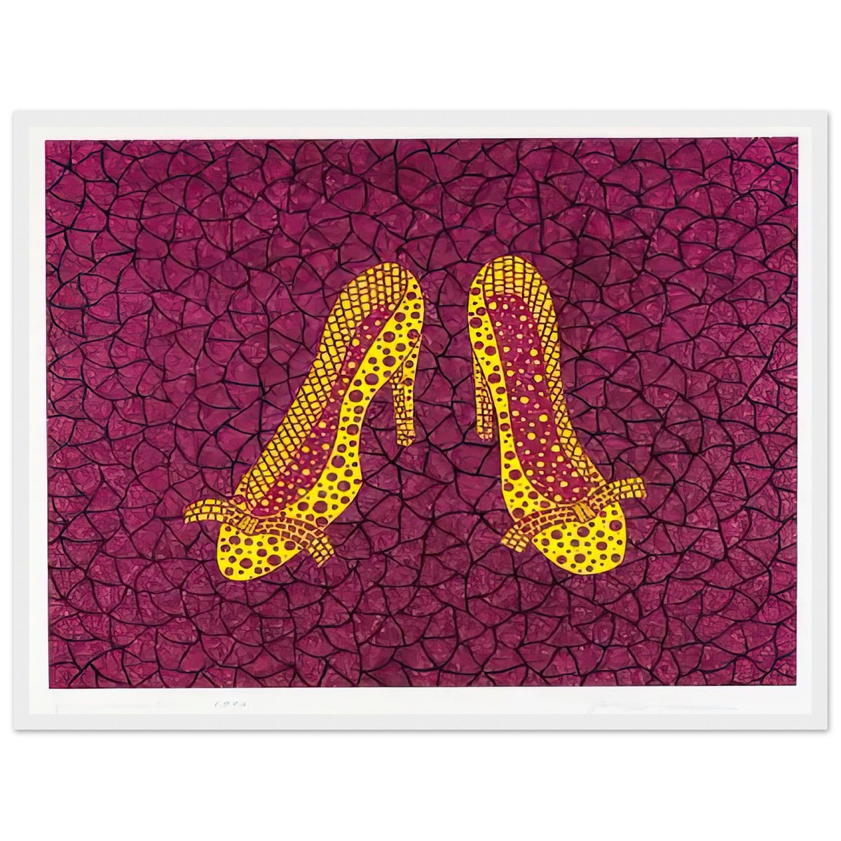 Yayoi Kusama framed print — High Heels (2) makes a fashion accessory the protagonist of a Kusama print, white frame, 45x60 cm / 18x24″