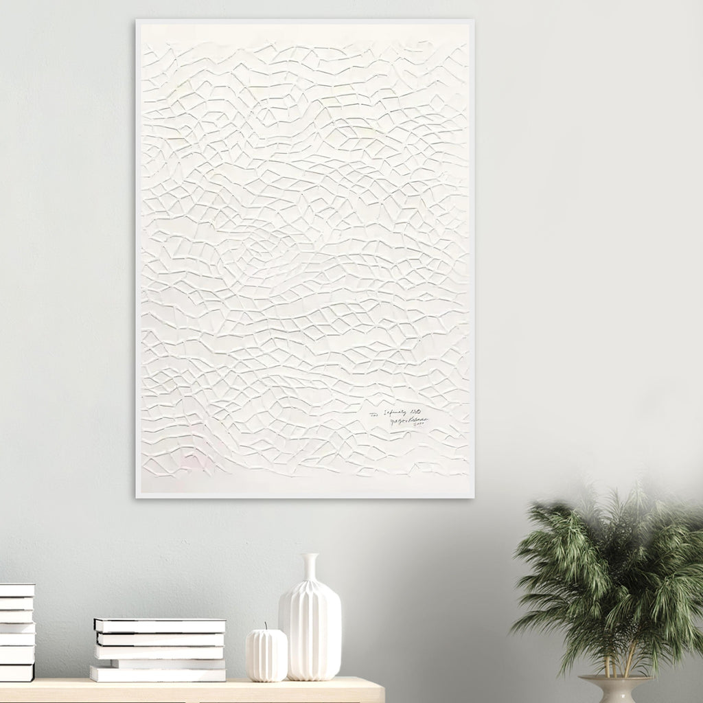 Yayoi Kusama framed print — The image labelled Infinity Nets [Kusama 297] returns to Kusama’s most distinctive form of abstraction: many closely repeated marks coalescing into a field that