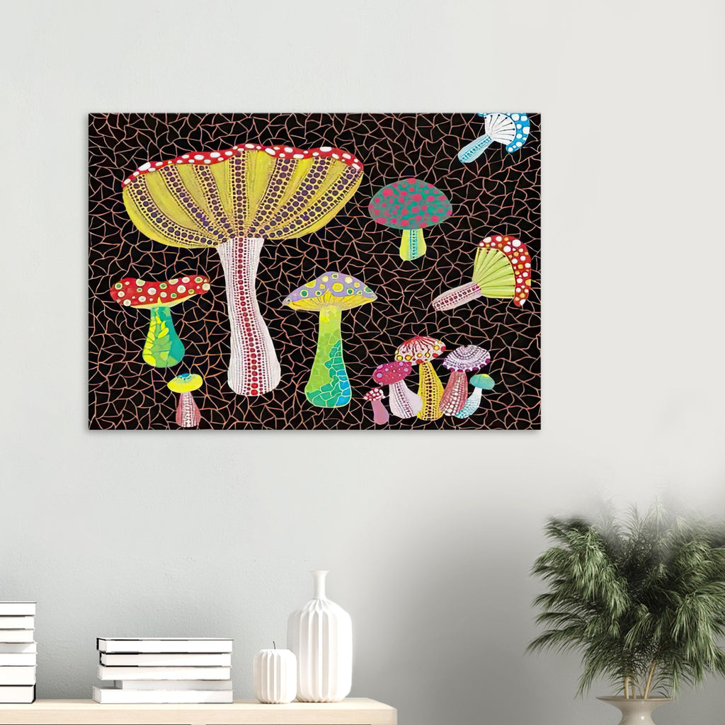 Yayoi Kusama canvas print — Toadstools explores the eccentric shapes of woodland fungi, balancing rounded caps and slender supports