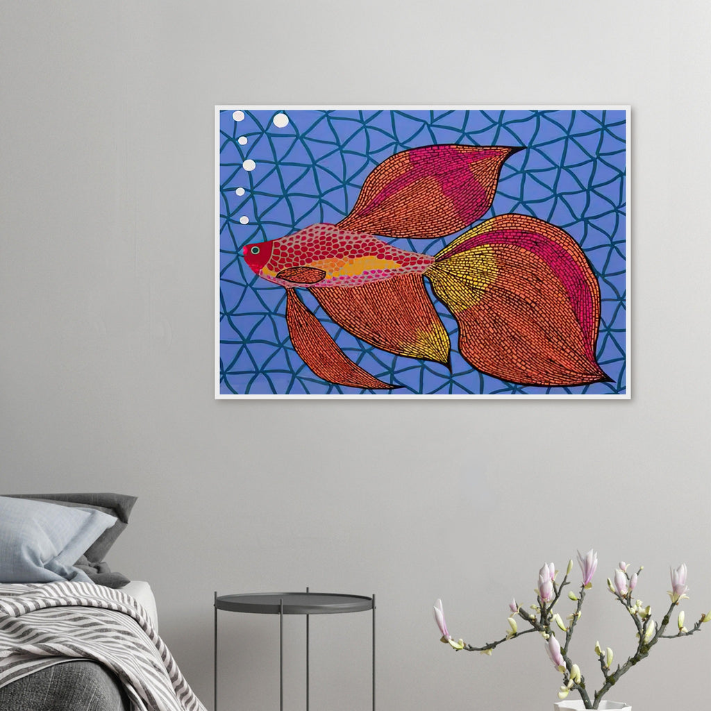 Yayoi Kusama framed print — Goldfish shifts Kusama’s attention from land-based motifs to an aquatic creature whose graceful outline invites a playful graphic treatment