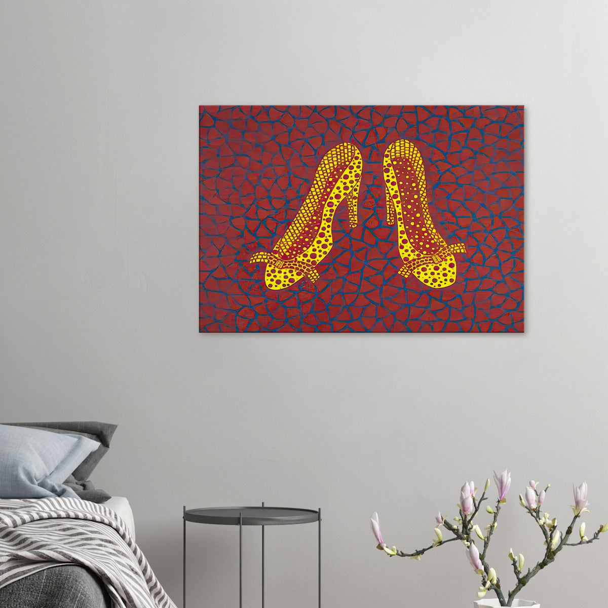 Yayoi Kusama canvas print — High Heels (1) makes a fashion accessory the protagonist of a Kusama print