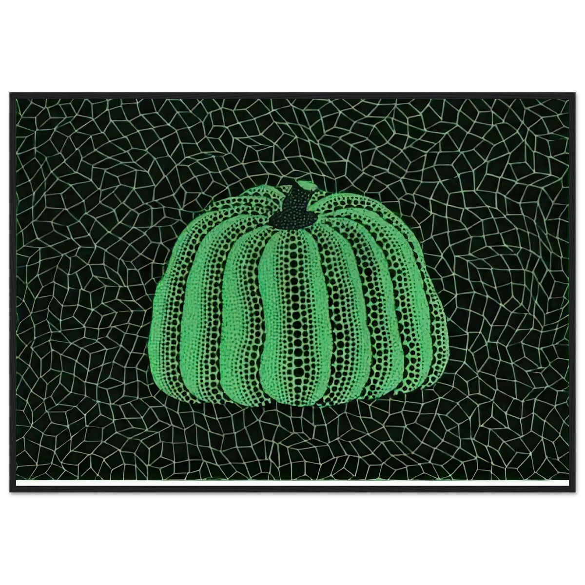 Yayoi Kusama framed print — Pumpkin (Green, Version 2) presents Kusama’s familiar pumpkin through an explicitly green variation, black frame, 70x100 cm / 28x40″