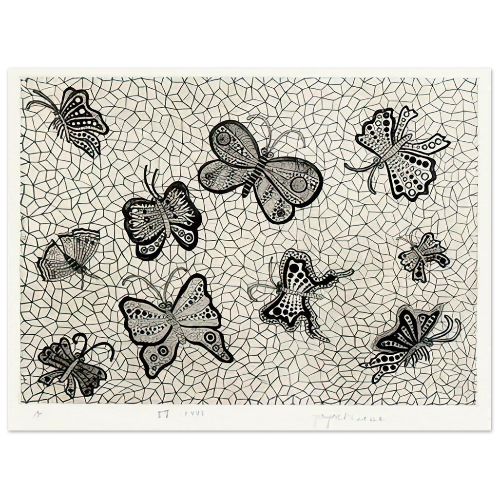 Yayoi Kusama poster — Butterflies draws on the delicate symmetry and movement of a familiar insect, a recurring subject in Kusama’s printmaking, 15x20 cm / 6x8″
