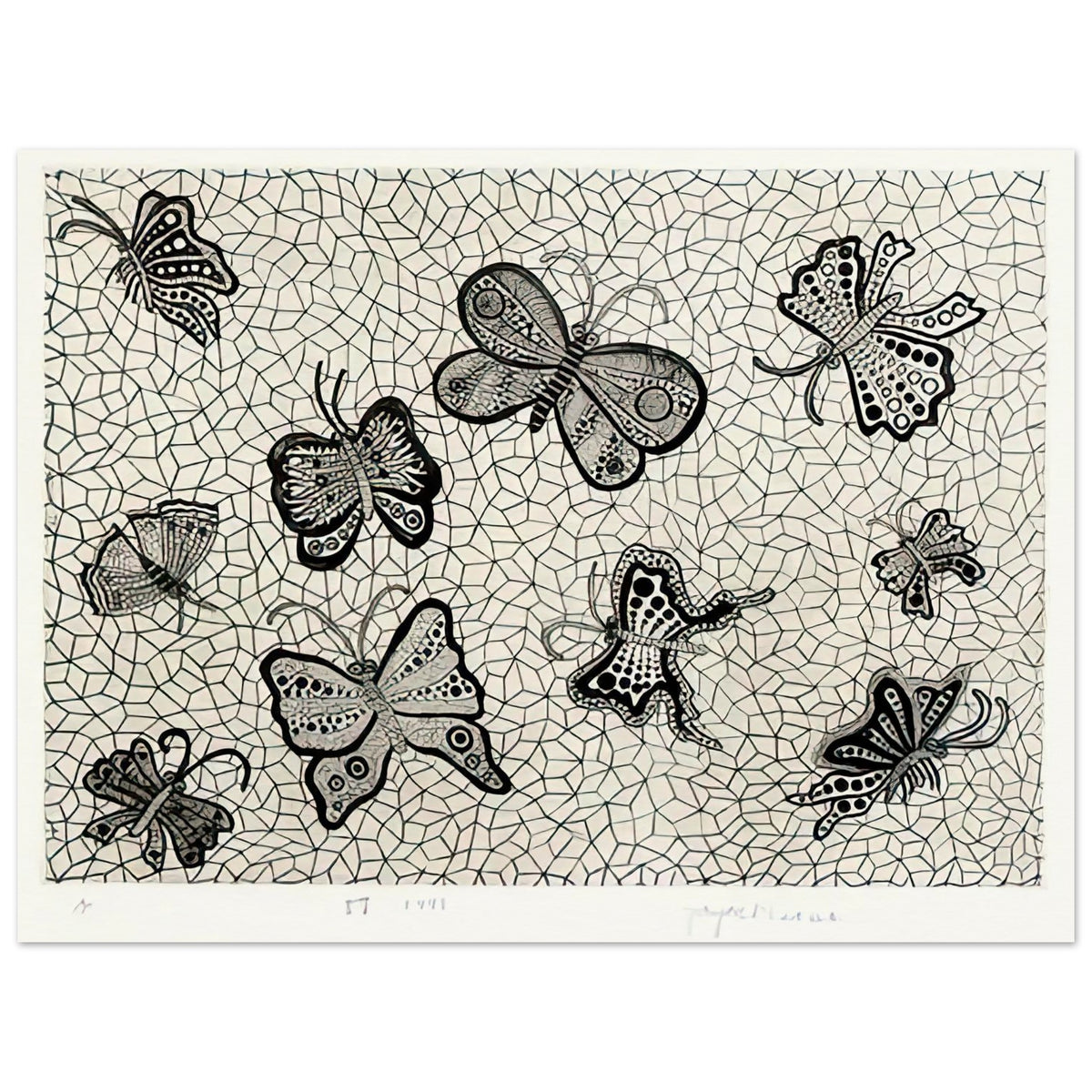 Yayoi Kusama poster — Butterflies draws on the delicate symmetry and movement of a familiar insect, a recurring subject in Kusama’s printmaking, 15x20 cm / 6x8″