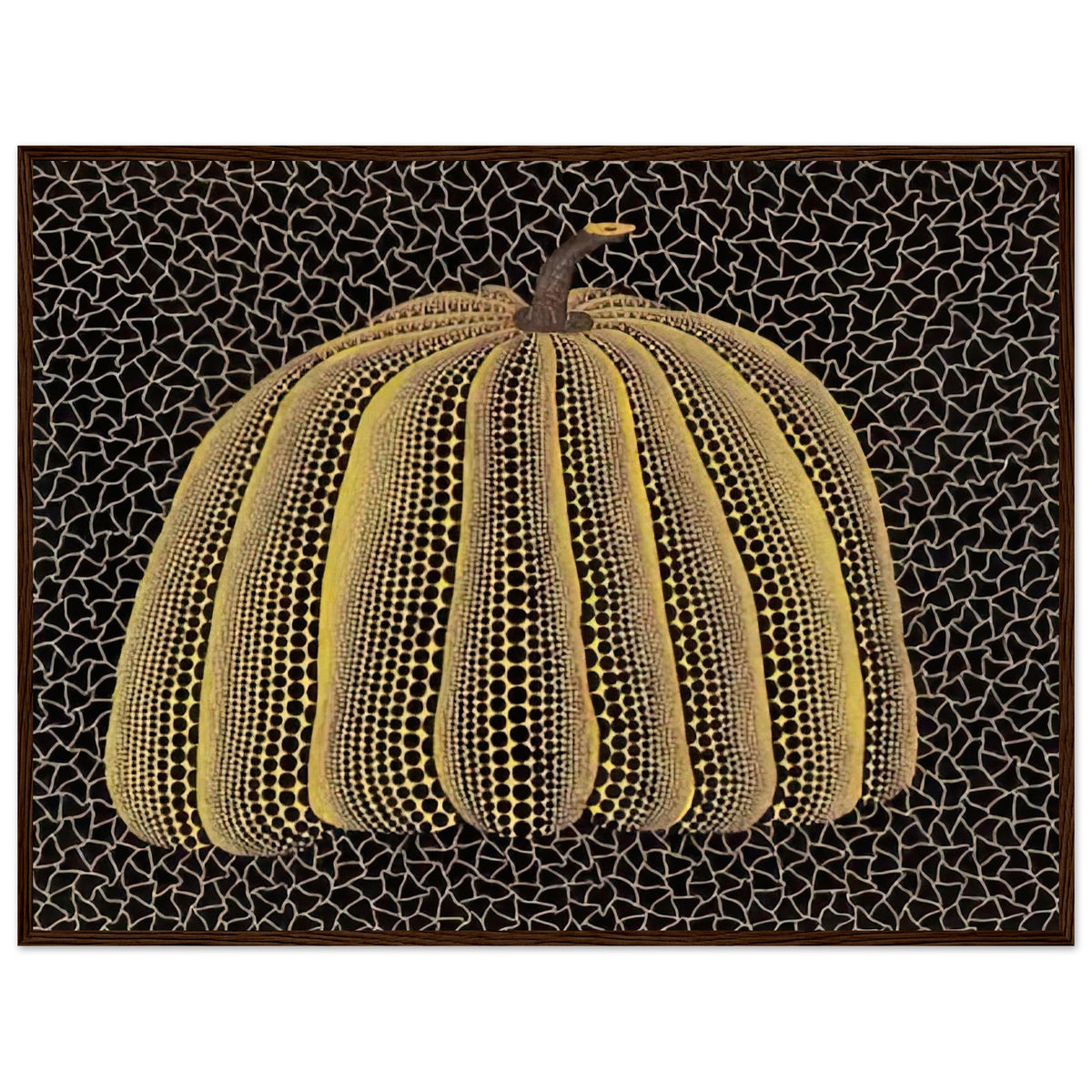 Yayoi Kusama framed print — Pumpkin (Yellow Y) [Kusama 148] presents Kusama’s familiar pumpkin through an explicitly yellow variation, dark wood frame, 60x80 cm / 24x32″