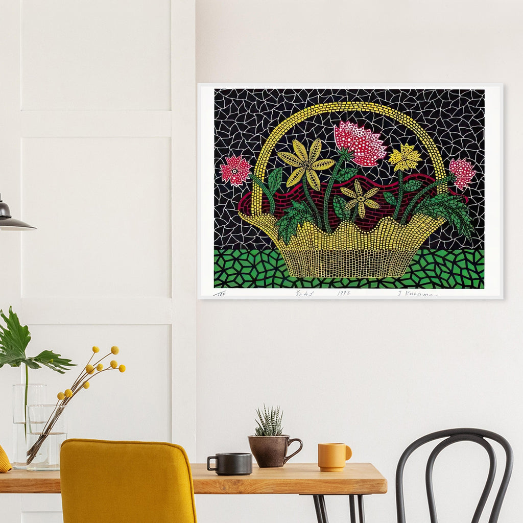 Yayoi Kusama framed print — Flower Basket brings a traditional still-life arrangement into Kusama’s unmistakably decorative, pattern-driven world