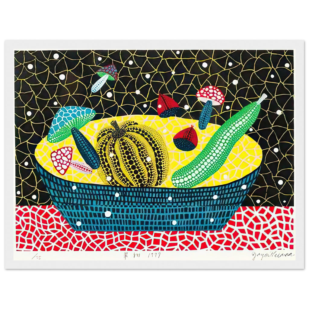 Yayoi Kusama framed print — Fruits (2) turns an arrangement of fruit into a deliberately ornamental still life, white frame, 30x40 cm / 12x16″