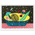 Yayoi Kusama framed print — Fruits (2) turns an arrangement of fruit into a deliberately ornamental still life, white frame, 30x40 cm / 12x16″