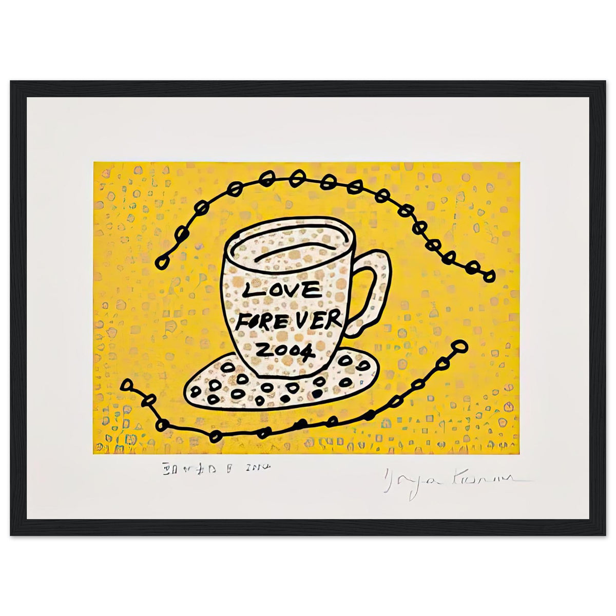 Yayoi Kusama framed print — Morning Is Here (B) joins a series of compact 2004 prints in which the beginning of the day becomes a subject for personal symbols and tightly controlled graphic, black frame, 30x40 cm / 12x16″