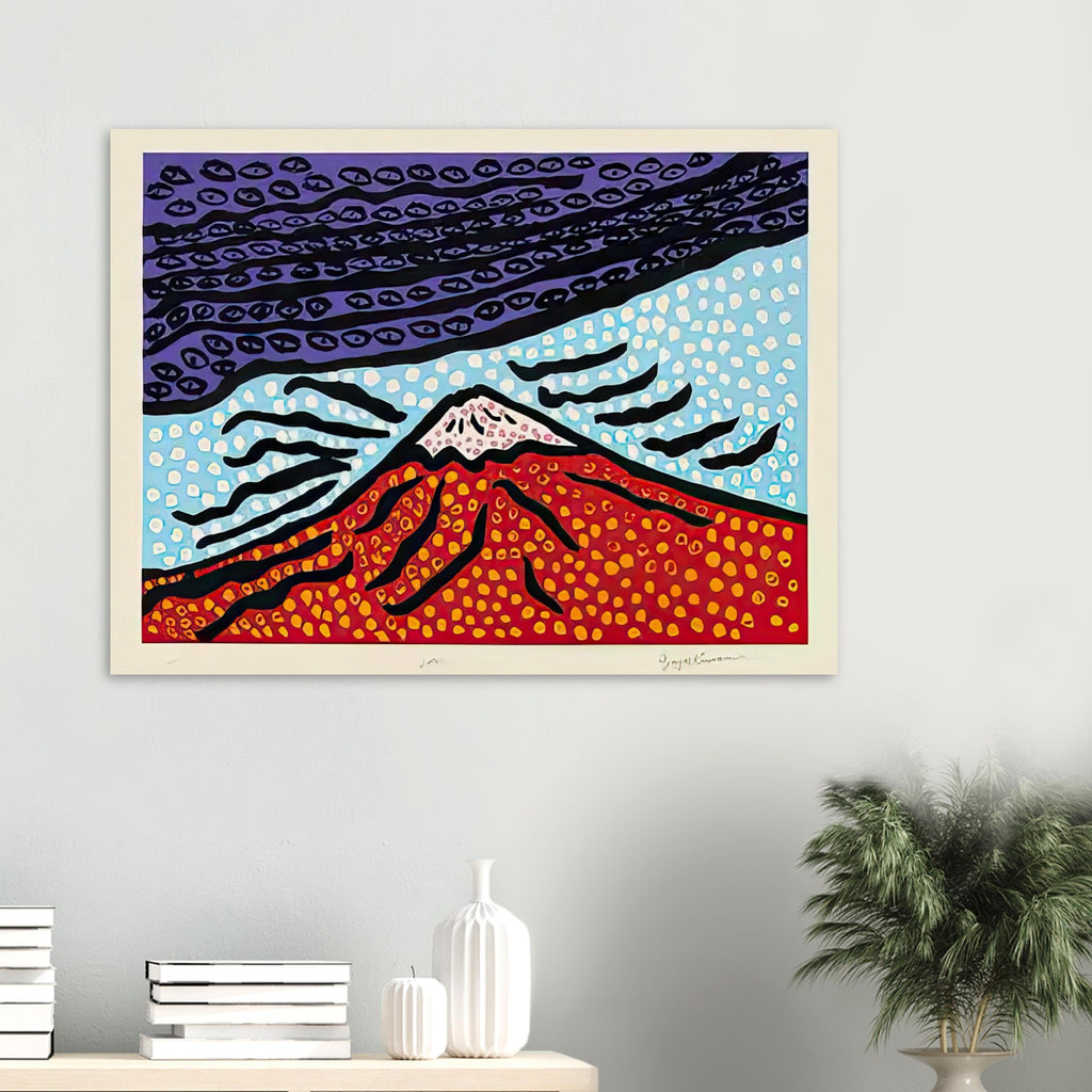 Yayoi Kusama poster — Mt. Fuji Is the Home of My Heart presents Japan’s most recognizable mountain as a subject of personal belonging rather than simple