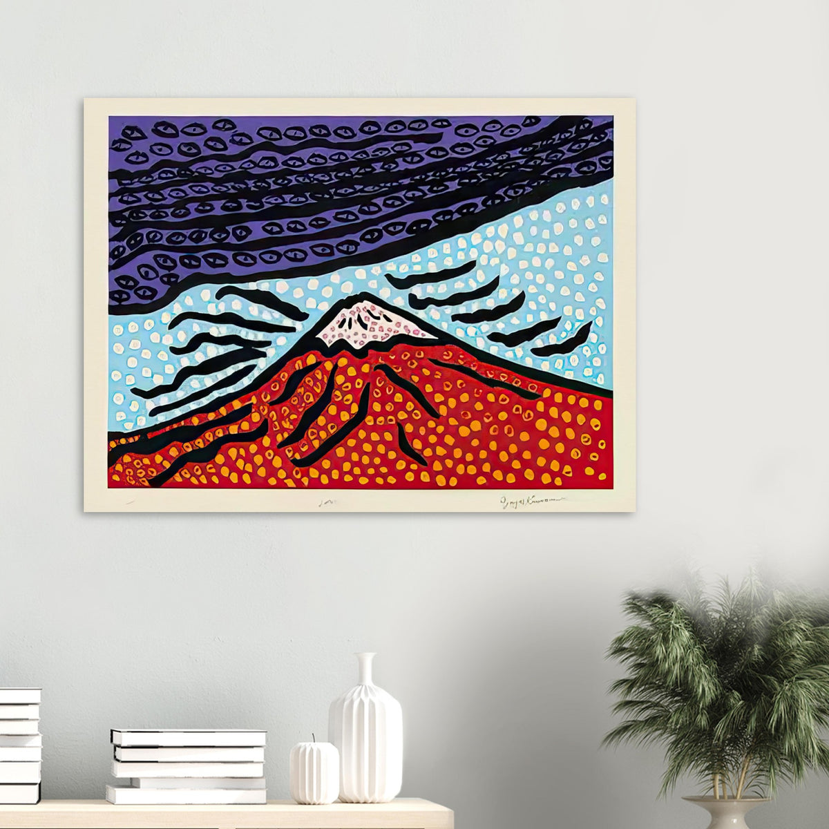 Yayoi Kusama poster — Mt. Fuji Is the Home of My Heart presents Japan’s most recognizable mountain as a subject of personal belonging rather than simple