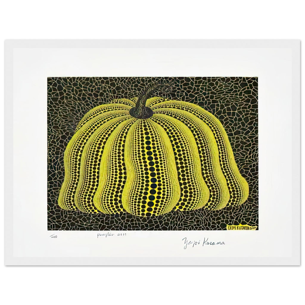 Yayoi Kusama framed print — Pumpkin 2000 (Yellow) uses a yellow treatment to reinterpret one of Kusama’s most affectionate subjects, white frame, 30x40 cm / 12x16″