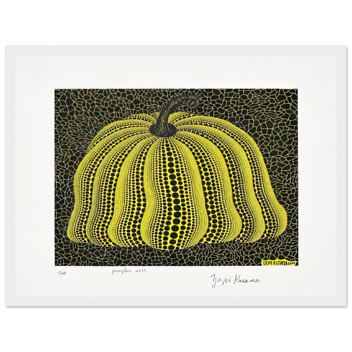 Yayoi Kusama framed print — Pumpkin 2000 (Yellow) uses a yellow treatment to reinterpret one of Kusama’s most affectionate subjects, white frame, 30x40 cm / 12x16″