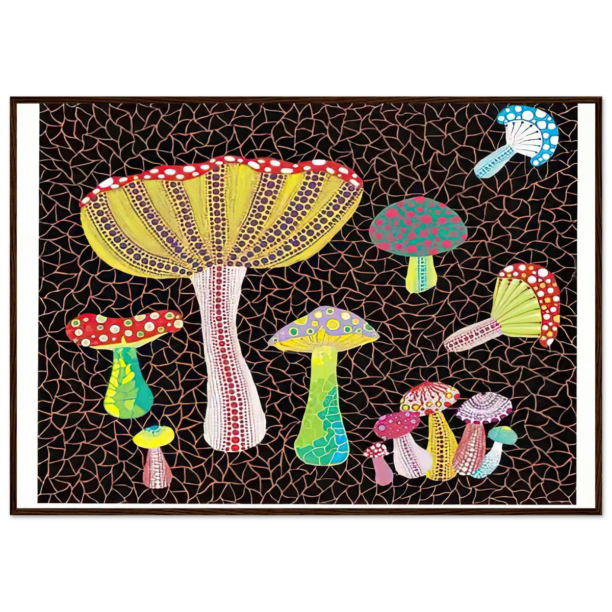 Yayoi Kusama framed print — Toadstools explores the eccentric shapes of woodland fungi, balancing rounded caps and slender supports, dark wood frame, 70x100 cm / 28x40″